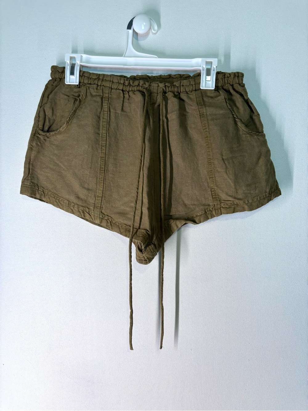 Free People Olive Drawstring Linen Blend Shorts